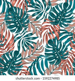 Tropical seamless pattern with blue and pink leaves and plants on white background. Illustration in Hawaiian style. Jungle leaves. Botanical pattern. Vector background for various surface. 