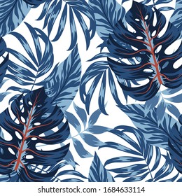 Tropical seamless pattern with blue plant leaves and on white background. Exotic design for fabric, paper, cover, interior decor and other users. Summer background with exotic leaves. 