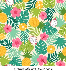 Tropical seamless pattern with botanical leaf, hibiscus and tropical fruits