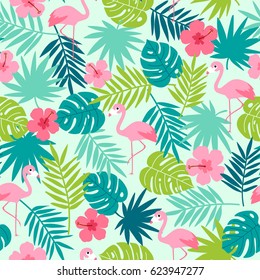 Tropical seamless pattern with botanical leaf, hibiscus and flamingo