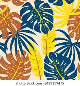 Tropical seamless pattern. Botanical leaves and plants on a bright background. Vector design for various surface. Creative abstract background. Floral pattern. Jungle leaves.