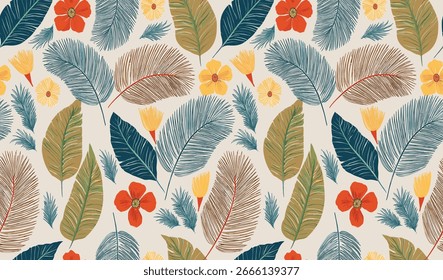 Tropical Seamless Pattern Botanical Leaves And Exotic Flowers On A Light Background, Perfect For Textiles, Wallpaper, Or Digital Projects.