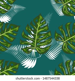Tropical seamless pattern. Botany design, jungle leaves of palm tree, monstera.