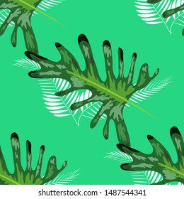 Tropical seamless pattern. Botany design, blue jungle leaves of palm tree and flowers.