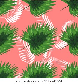 Tropical seamless pattern. Botany design, blue jungle leaves of palm tree and flowers.