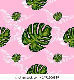 Tropical seamless pattern. Botany design, jungle leaves of palm tree, monstera.