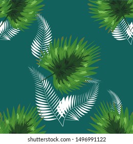 Tropical seamless pattern. Botany design, blue jungle leaves of palm tree and flowers.