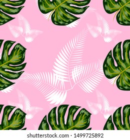 Tropical seamless pattern. Botany design, jungle leaves of palm tree, monstera.