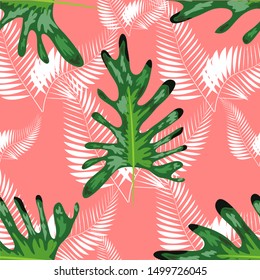Tropical seamless pattern. Botany design, blue jungle leaves of palm tree and flowers.