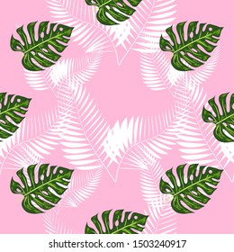 Tropical seamless pattern. Botany design, jungle leaves of palm tree, monstera.