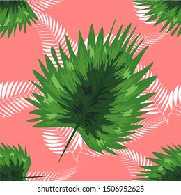 Tropical seamless pattern. Botany design, blue jungle leaves of palm tree and flowers.
