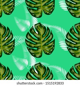 Tropical seamless pattern. Botany design, jungle leaves of palm tree, monstera.