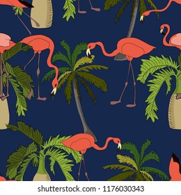 Tropical seamless pattern, with bottle and coconut palms and flamingoes on blue background. Hand drawn illustration.