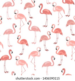 Tropical seamless pattern with bright tropical bird pink flamingo on a white background. Vector summer design for fabrics
