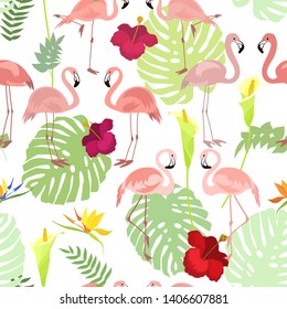 Tropical seamless pattern with bright tropical bird flamingo, calla, green jungle palm, monstera leaves, hibiscus flowers and strelcia flowers. Vector summer design for fabrics
