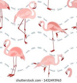 Tropical seamless pattern with bright tropical bird pink flamingo on white background with blue stripes. Vector summer design for fabrics
