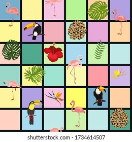 Patrón tropical sin costuras con pájaro tropical brillante tocano, flamingo, hojas de monstera, flor estrelitzia sobre fondo geométrico colorido. Perfecto para textiles, fondos de pantalla, fondos de páginas web. Vector