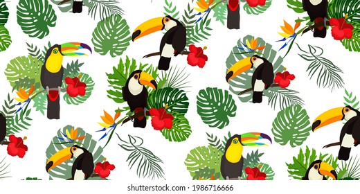  Tropical seamless pattern with bright tropical bird Toucan, green jungle palm, monstera leaves, hibiscus flowers and strelcia flowers. Perfect for textile, wallpapers, web page backgrounds. Vector