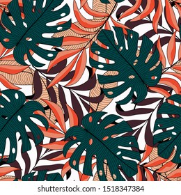 Tropical seamless pattern with bright exotic leaves and plants in light green tones on a delicate background. Seamless exotic pattern with tropical plants. Exotic jungle wallpaper.