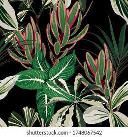 Tropical seamless pattern with bright exotic palm leaves and plants on black background.