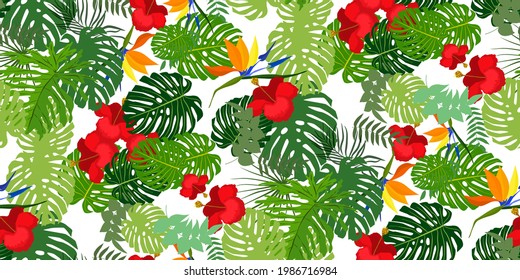 Tropical seamless pattern with bright exotic jungle lush branches palm, monstera leaves, hibiscus flowers, strelcia flowers. Perfect for textile, wallpapers, web page backgrounds. Vector illustration