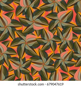 Tropical seamless pattern with bright geometrical flowers. Brown, orange colors, halftones.