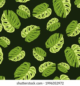Tropical seamless pattern with bright green monstera elements print. Dark background. Random ornament. Vector illustration for seasonal textile prints, fabric, banners, backdrops and wallpapers.