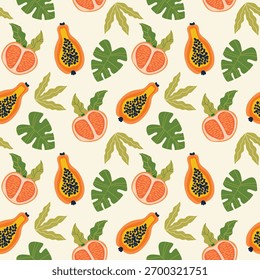 Patrón tropical sin fisuras. Fondo de estilo ilustración brillante, textura con papaya, pomelo y hojas. Ilustración vectorial plana.