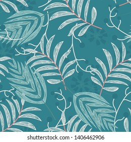 Tropical seamless pattern with bright leaves on green background. Vector design. Jungle print. Printing and textiles.