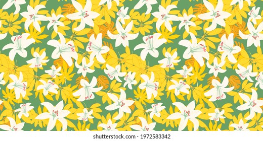 Tropical seamless pattern with bright tropical leaves and lily flowers.