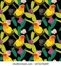 Tropical seamless pattern with bright parrots, banana palm leafs and hibiscus flower. Floral texture.