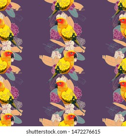 Tropical seamless pattern with bright parrots, banana palm leafs and hibiscus flower. Floral texture.