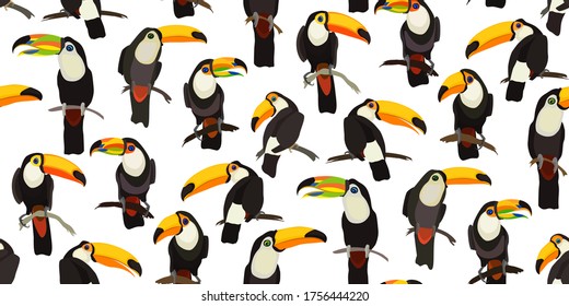 Tropical seamless pattern with bright Toucan parrot bird. Bright illustration cartoon style for summer design tropical paradise, advertising vacation, fabrics. Vector