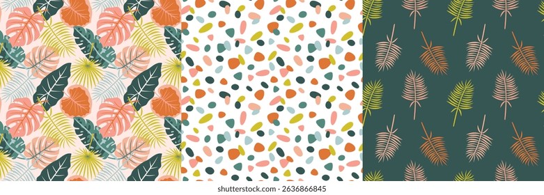 Tropical seamless pattern bundle with exotic foliage and abstract shapes. Vibrant palm leaves, colorful nature prints, botanical summer background for fabric, textile, wrapping, and surface design.