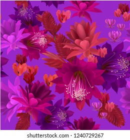 tropical seamless pattern of cactus flowers and exotic leaves
