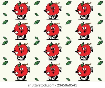 Tropical seamless pattern with cartoon character red apple. Fruit repeated background. Vector bright print for fabric or wallpaper.