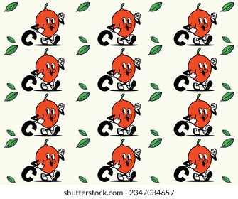 Tropical seamless pattern with cartoon character orange lemons. Fruit repeated background. Vector bright print for fabric or wallpaper.