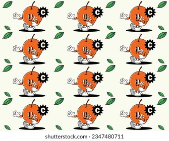 Tropical seamless pattern with cartoon character orange fruit. Fruit repeated background. Vector bright print for fabric or wallpaper.