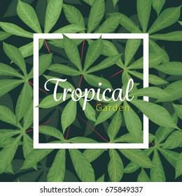 Tropical seamless pattern with cassava leaves on dark background. Vector set of exotic tropical garden for wedding invitations and greeting card design.