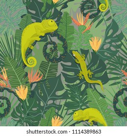tropical seamless pattern with chameleon, lizard on background of rain forest