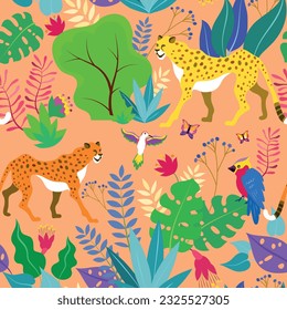 Tropical seamless pattern with cheetah, parrot and exotic plants leaves. Vector illustration