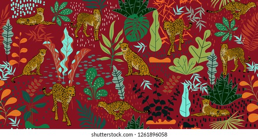 Tropical seamless pattern with Cheetahs and palm leaves. Exotic wildlife art background is tropical trendy. Design for fabric, wrap paper or wallpaper and other decoration.