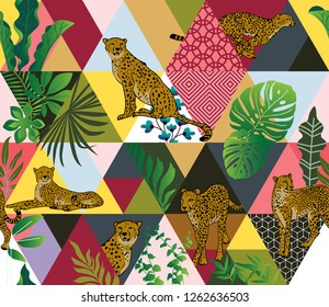 Tropical seamless pattern with Cheetahs and palm leaves on the triangle background. Exotic wildlife art background is tropical trendy. Design for fabric, wrap paper, wallpaper and other decoration. 