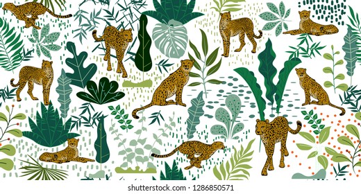 Tropical seamless pattern with Cheetahs and palm leaves. Exotic wildlife art background is tropical trendy. Design for fabric, wrap paper or wallpaper and other decoration.