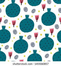 Tropical seamless pattern in childish style. Perfect for kids fabric, textile, nursery wallpaper. Exotic flowers.