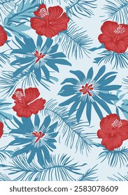 Tropical seamless pattern with coastal leaves, exotic flowers, and vintage botanical elements, designed for textiles, wallpapers, and apparel.