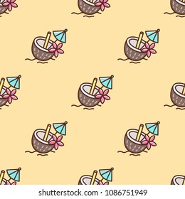 Tropical seamless pattern with cocktail in a coconut, with an umbrella and straw, decorated frangipani flower. It can be used for packaging, wrapping paper, textile and etc. 