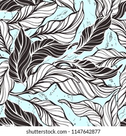 Tropical seamless pattern. Cocoa nature leaves. Hand drawn black art line sketch Foliage floral background. Vintage texture wallpaper Wild summer jungle Graphic design, abstract textile, fashion print