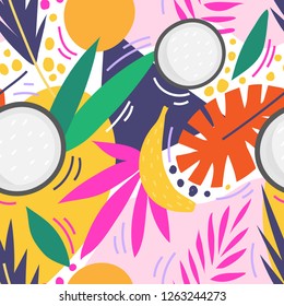 Tropical seamless pattern with coconut, banana and palms for print, textile, wallpaper. Modern hand drawn exotic fashion background.