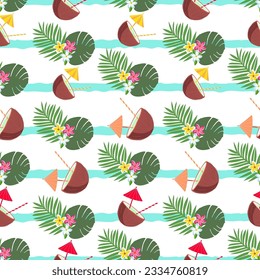 Tropical seamless pattern with coconut cocktail, exotic flowers, palm and monstera leaves and stripes. Vector summer seasonal background, wallpaper.